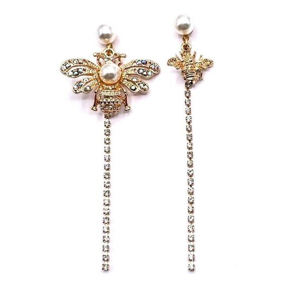 Yellow Gold with White and AB Crystal Mismatching Bees Post Back Earrings - Picture 1 of 9